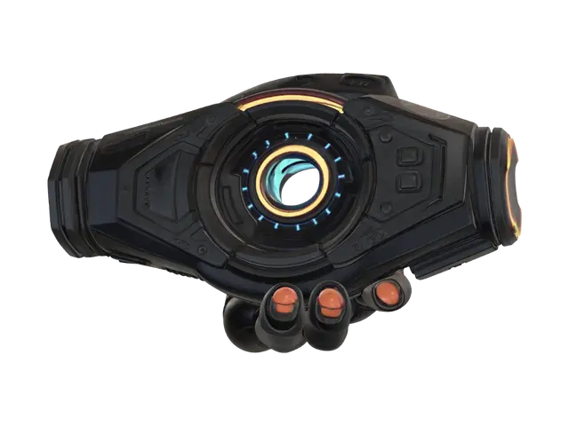 3D model for "A futuristic handheld sci-fi gadget, dimension-shifting device, first-person shooter weapon style. Sleek matte black metallic body with glowing neon blue and orange accents. It has a rotating central cylinder core and mechanical toggles. Blueprint and architectural aesthetic, hard surface modeling. Game asset, low poly, PBR materials, clean topology, neutral lighting, isolated on a solid background, highly detailed."
