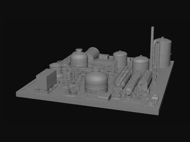 3D model for Scene 1: Plant Overview (5 seconds)
Aerial drone fly-through of the complete 3-acre maize ethanol plant.
Camera slowly rotates around the facility.
Labels appear over each unit:
Maize Storage
Milling
Slurry Preparation
Liquefaction
Saccharification
Fermentation
Distillation
Molecular Sieve
Ethanol Storage
DDGS Plant
Boiler House
Water Treatment Plant
ETP
Animation:
Flow arrows illuminate from one unit to another.
Title appears: "10 KLPD Maize-Based Ethanol Production Plant"