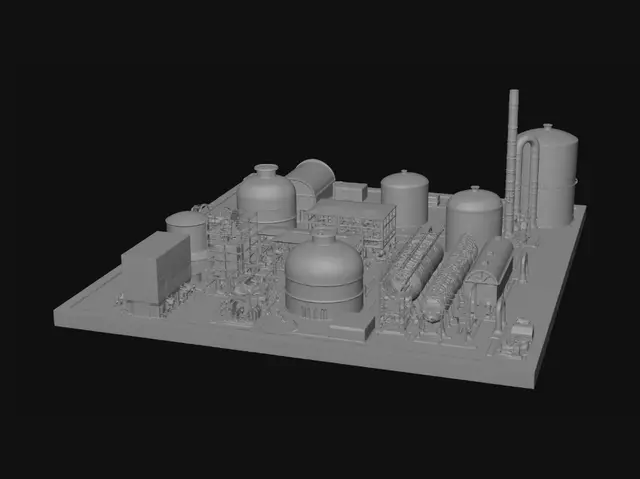 3D model for Scene 1: Plant Overview (5 seconds)
Aerial drone fly-through of the complete 3-acre maize ethanol plant.
Camera slowly rotates around the facility.
Labels appear over each unit:
Maize Storage
Milling
Slurry Preparation
Liquefaction
Saccharification
Fermentation
Distillation
Molecular Sieve
Ethanol Storage
DDGS Plant
Boiler House
Water Treatment Plant
ETP
Animation:
Flow arrows illuminate from one unit to another.
Title appears: "10 KLPD Maize-Based Ethanol Production Plant"