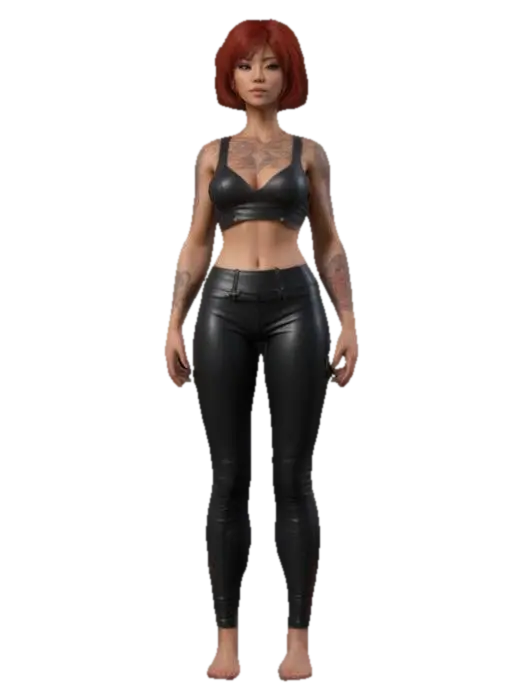 Leader Katsu, triad, leather legging, A 3D model of a slim, female character in her… - Redhair 3D model, vytvořený pomocí AI