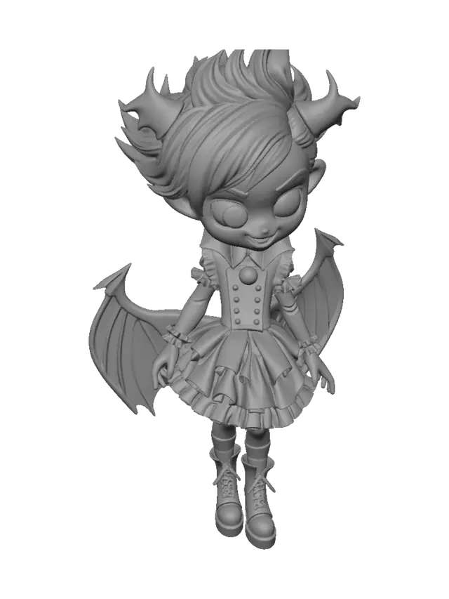 3D model for vampire girl, fangs in smiled, wings vampire, Full body girl, kawaii style, hair, spiky hairstyle, large eyes squatting,
