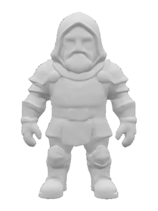 3D model for Stylized fantasy human footsoldier archer in an A pose with exaggerated proportions, armor consisting of green leather and cloth with lighter green trim. The helemet is an archers hood.