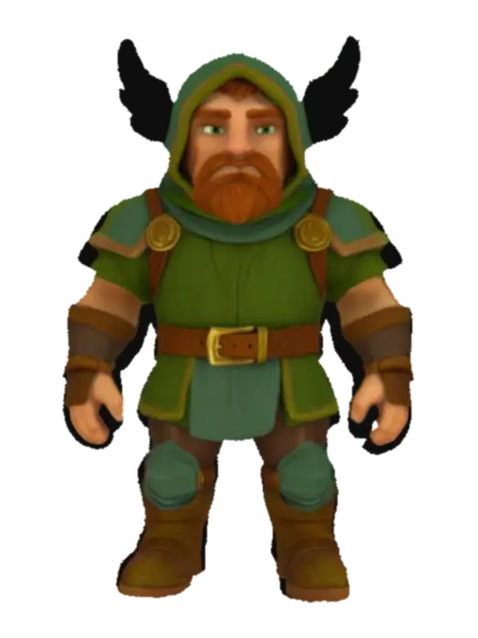 3D model for Stylized fantasy human footsoldier archer in an A pose with exaggerated proportions, armor consisting of green leather and cloth with lighter green trim. The helemet is an archers hood.