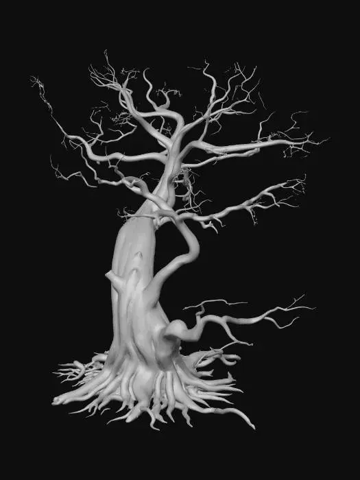 3D model for Dead apocalyptic tree, photorealistic PBR 3D model, isolated single
tree on white background, no ground, tall withered trunk with
cracked dark bark, gnarled twisted branches reaching upward like
skeletal fingers, completely leafless, hollow knots, peeling bark,
ash gray to deep brown coloration, dust covered, post-apocalyptic
horror atmosphere, gritty detailed textures, single asset for game.