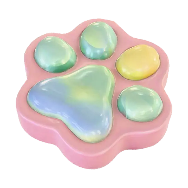 3D model for Cute, glossy, bubble-like paw pads, paw-shaped squishy silicone base, designed for 0–5A soft silicone mold casting. One-piece solid mesh with flat bottom, no hollow parts, no undercuts, no complex cavities, ensuring easy demolding.