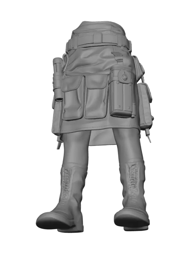 3D model for modern tactical armor skirt with holster, many pockets, tactical flashlight, and small patch with goose on it