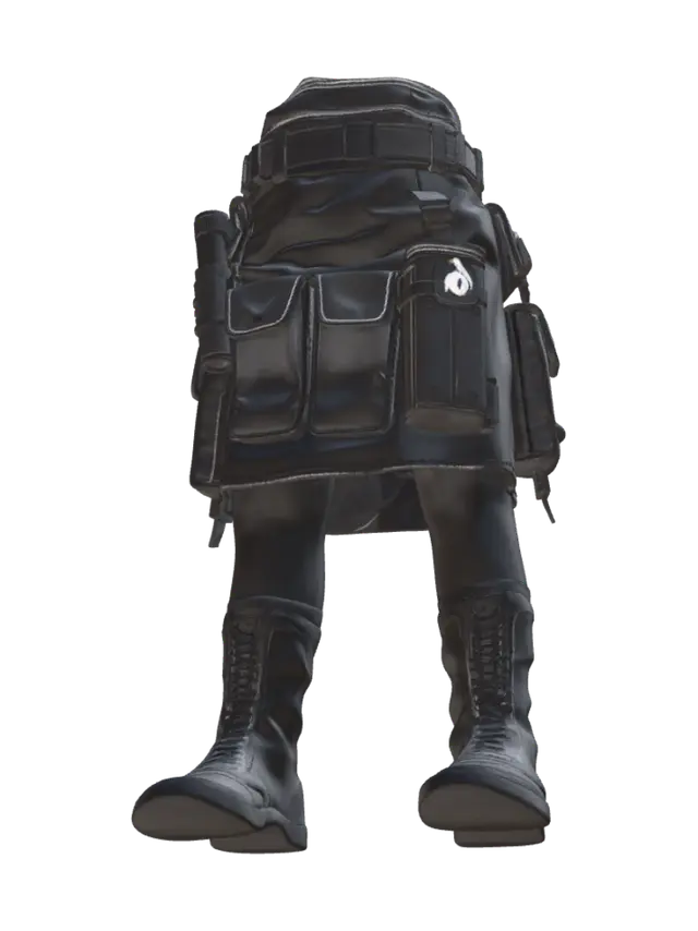 3D model for modern tactical armor skirt with holster, many pockets, tactical flashlight, and small patch with goose on it
