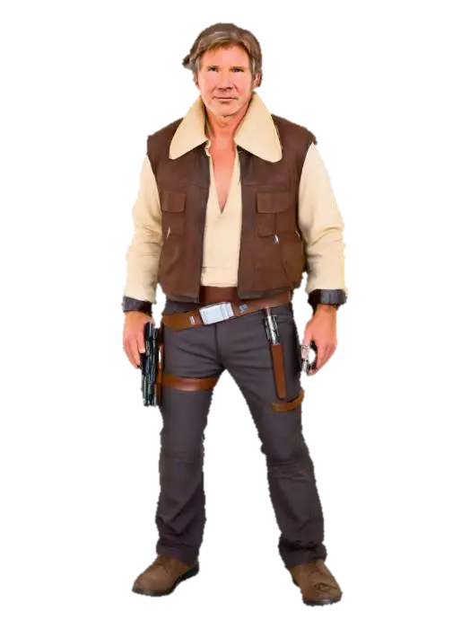 30 year old Harrison Ford dressed as Han Solo from the Star wars movie episode 4-6 - Actor 3D model, vytvořený pomocí AI