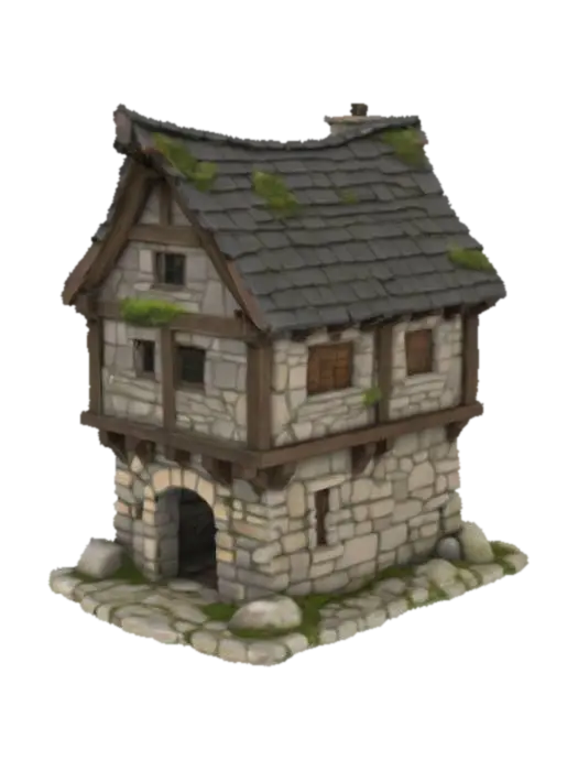 A sturdy medieval building, constructed from rough-hewn grey stone blocks and dark… - Timber 3D model, vytvořený pomocí AI
