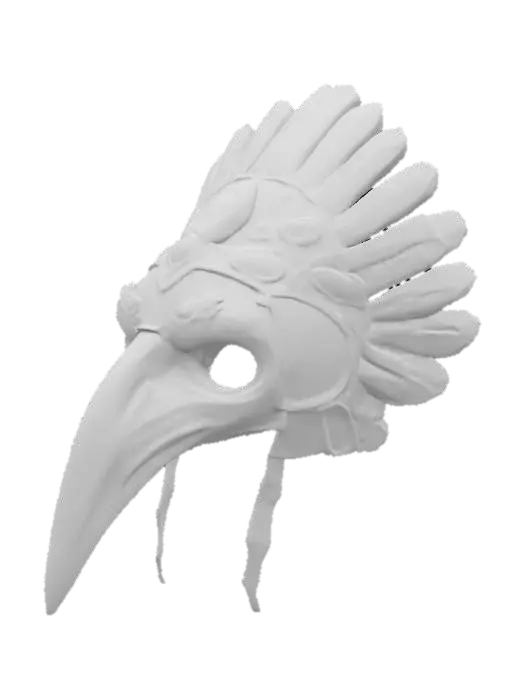 3D model for An imposing Aztec eagle warrior mask, carved from a single piece of dark, polished obsidian. Its prominent features include a sharply hooked beak, fierce, stylized eyes often inlaid with iridescent abalone shell, and a feathered crest crafted from intricate, overlapping jade and turquoise pieces. The surface is predominantly smooth and cool with a glossy sheen, while the carved feather details offer a slightly textured, layered feel, presenting a formidable and sacred appearance.