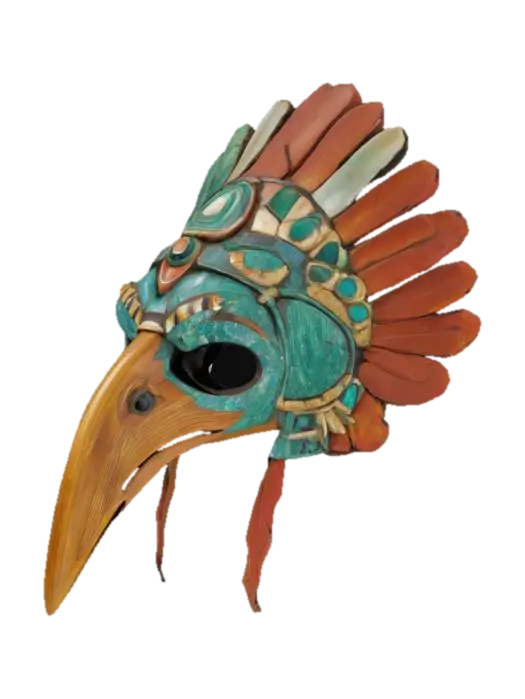 3D model for An imposing Aztec eagle warrior mask, carved from a single piece of dark, polished obsidian. Its prominent features include a sharply hooked beak, fierce, stylized eyes often inlaid with iridescent abalone shell, and a feathered crest crafted from intricate, overlapping jade and turquoise pieces. The surface is predominantly smooth and cool with a glossy sheen, while the carved feather details offer a slightly textured, layered feel, presenting a formidable and sacred appearance.