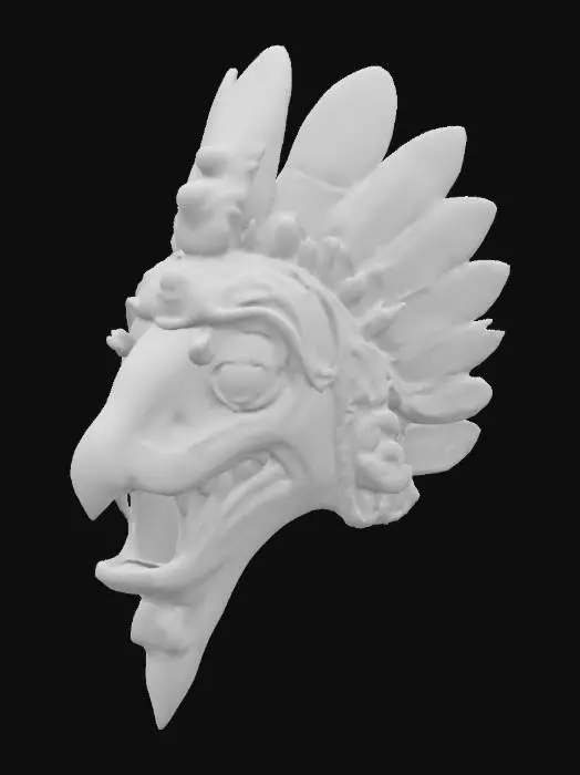 3D model for A ceremonial wooden mask depicting the Aztec deity Quetzalcoatl, intricately carved from dark, polished mahogany or cedar. Its surface boasts a smooth, slightly oiled texture, with finely incised lines detailing feathered serpent scales around the eyes and mouth. The form is elongated, with a prominent snout and stylized, open jaws revealing small, sharp fangs. Pigments of deep emerald green and vibrant turquoise, derived from natural minerals, highlight the elaborate colored feather work, contrasting with touches of dark red and gold. It feels solid and cool to the touch, with the subtle scent of aged wood.