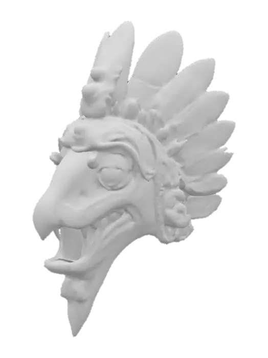 3D model for A ceremonial wooden mask depicting the Aztec deity Quetzalcoatl, intricately carved from dark, polished mahogany or cedar. Its surface boasts a smooth, slightly oiled texture, with finely incised lines detailing feathered serpent scales around the eyes and mouth. The form is elongated, with a prominent snout and stylized, open jaws revealing small, sharp fangs. Pigments of deep emerald green and vibrant turquoise, derived from natural minerals, highlight the elaborate colored feather work, contrasting with touches of dark red and gold. It feels solid and cool to the touch, with the subtle scent of aged wood.