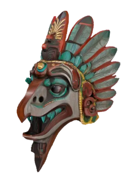 3D model for A ceremonial wooden mask depicting the Aztec deity Quetzalcoatl, intricately carved from dark, polished mahogany or cedar. Its surface boasts a smooth, slightly oiled texture, with finely incised lines detailing feathered serpent scales around the eyes and mouth. The form is elongated, with a prominent snout and stylized, open jaws revealing small, sharp fangs. Pigments of deep emerald green and vibrant turquoise, derived from natural minerals, highlight the elaborate colored feather work, contrasting with touches of dark red and gold. It feels solid and cool to the touch, with the subtle scent of aged wood.