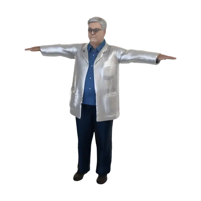 3D model for crea un personaggio vestito da scienziato di mezza età, uomo, posizione T-pose. Stile foto realistico