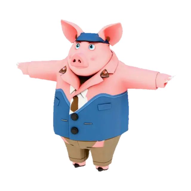 I want to generate a humanoid pig. It stand on the ground uses its 2 legs. It wears… - Dapper 3D model, vytvořený pomocí AI