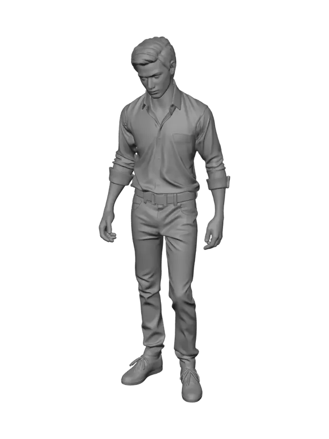 3D model for Zombie a realistic full-body 3D adult Asian male (28–35), 178 cm, athletic but natural build, medium-dark tan skin (darker than typical East Asian, not African), clean-shaven, black shoulder-length straight hair, dark brown eyes, thick eyebrows, no glasses. Neutral A-pose, facing forward. Wear a forest green long-sleeve button-up shirt with the top button open forming a V-neck, untucked. Brown velvet straight-leg pants with natural folds. Bright red sneakers with two large black diagonal stripes on each side forming a diamond pattern, white soles, black laces. Simple gold wedding band on the left ring finger. Photorealistic AAA game character, PBR materials, realistic skin, cotton and velvet textures, animation-ready topology, plain light gray studio background, soft lighting, no weapons