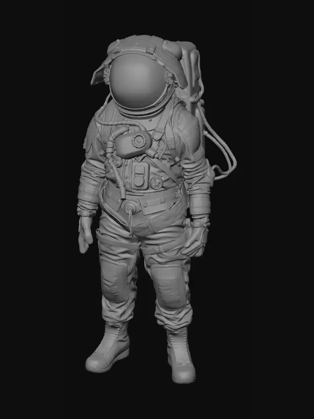 3D model for An abandoned colony astronaut. His spacesuit is a mix of old fabric and sandblasted aluminum, with large clumps of dirt and scorch marks on the surface. The helmet visor is covered with opaque cracks and mud. Requirement: Photorealistic, focus on the texture of fabric folds, the aging of the metal, and meticulous detail on damage and dirt accumulation.