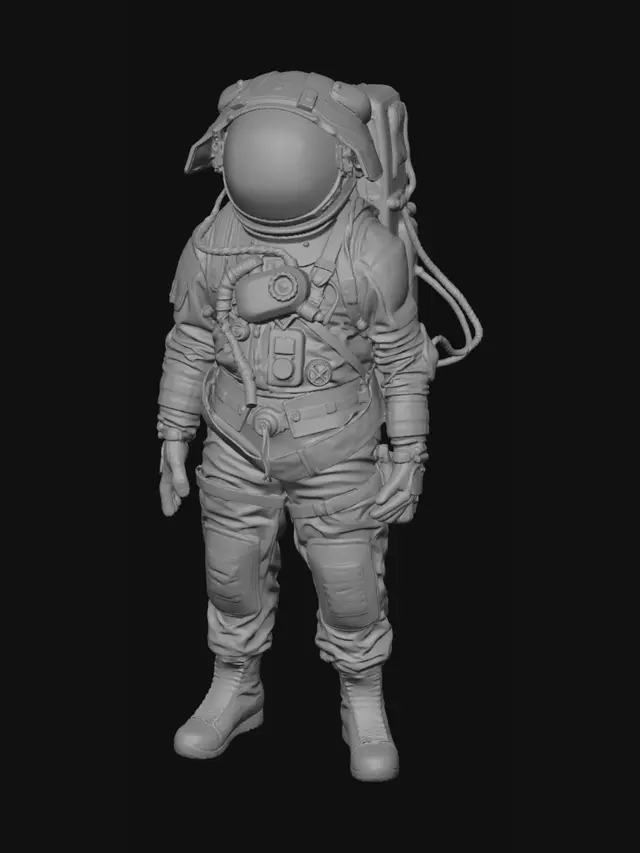 3D model for An abandoned colony astronaut. His spacesuit is a mix of old fabric and sandblasted aluminum, with large clumps of dirt and scorch marks on the surface. The helmet visor is covered with opaque cracks and mud. Requirement: Photorealistic, focus on the texture of fabric folds, the aging of the metal, and meticulous detail on damage and dirt accumulation.