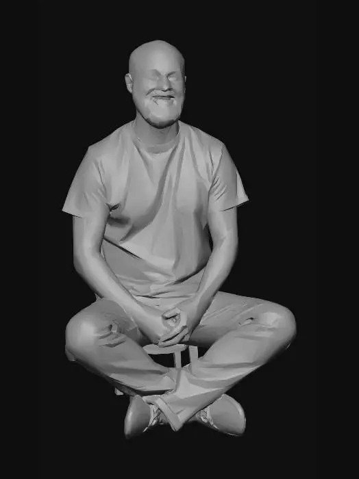 3D model for bearded balding man man aged 50 wearing casual jeans and t shirt seated upright with hands on legs