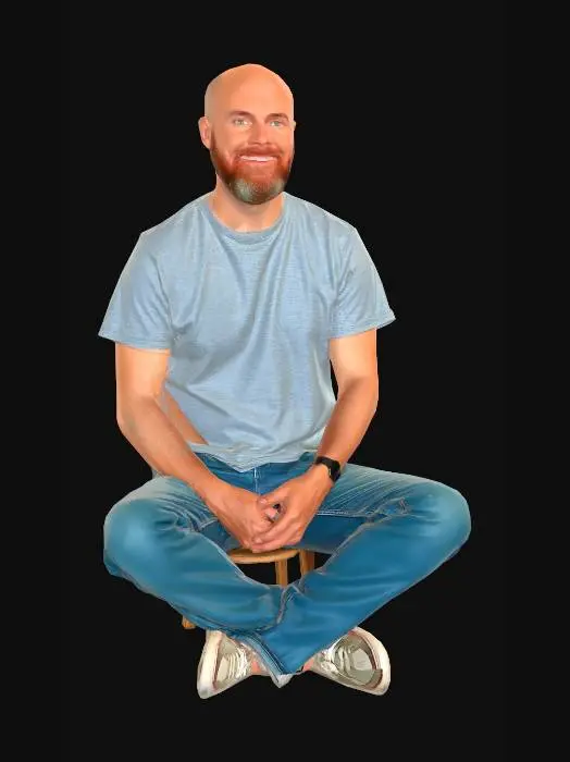 3D model for bearded balding man man aged 50 wearing casual jeans and t shirt seated upright with hands on legs