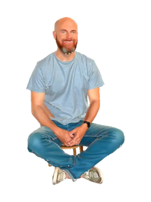 Modello 3D bearded balding man man aged 50 wearing casual jeans and t shirt seated upright with… - Midaged, generato dall’IA