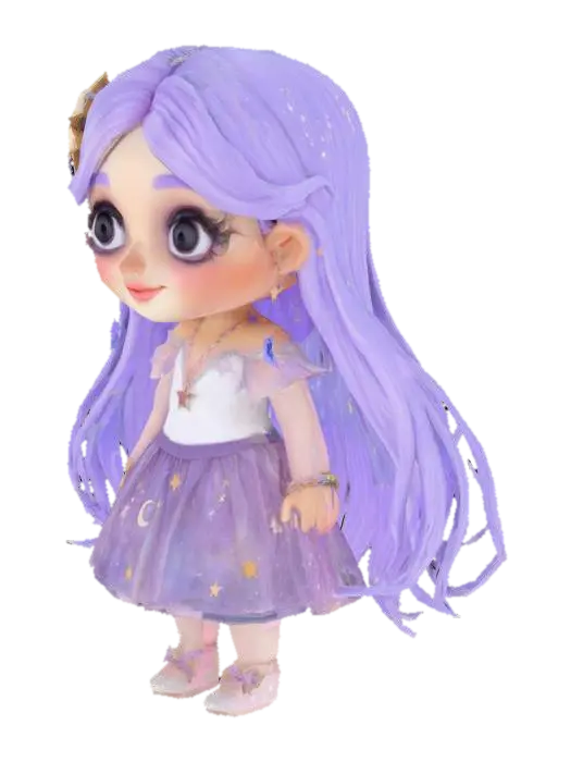 A whimsical, youthful girl with large, sparkling almond eyes, rosy cheeks, and a… 3D model, vytvořený pomocí AI