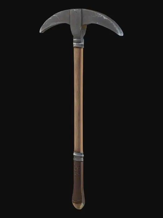 3D model for A realistic 3D model of an Pickaxe, game-ready, clean topology, medium polycount, detailed metal blade and handle, realistic proportions, centered, no background. Designed for fantasy or medieval-themed games.