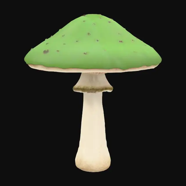 3D model for A realistic 3D model of a green mushroom, game-ready, clean topology, medium polycount, detailed cap and stem texture, natural red and white colors, centered, no background.