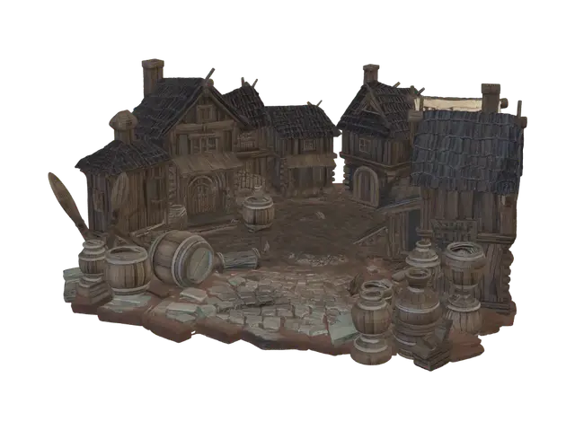 Crie diversos assets para utilizar em uma cidade/vila medieval. Esta vila está… - Collapse 3D model, vytvořený pomocí AI