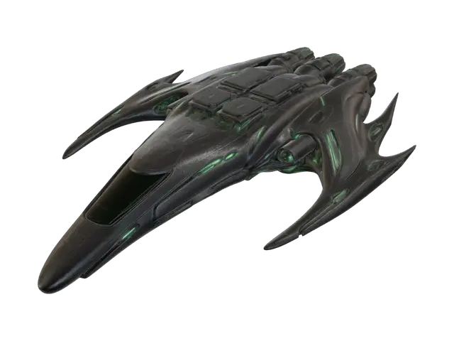 3D model for sleek corvette patrol ship with a smooth, organic dark titanium hull and cluster thrusters emitting a bright green ion wake. Requirement: Medium starship model, 73 words.