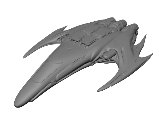 3D model for sleek corvette patrol ship with a smooth, organic dark titanium hull and cluster thrusters emitting a bright green ion wake. Requirement: Medium starship model, 73 words.