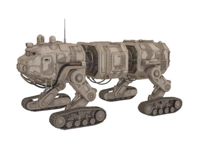 3D model for multi-segmented all-terrain mobile outpost crawler riding on four sets of continuous tank tracks across a desert canyon. Requirement: Scale model.
