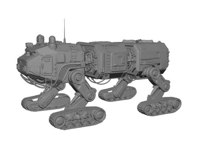 3D model for multi-segmented all-terrain mobile outpost crawler riding on four sets of continuous tank tracks across a desert canyon. Requirement: Scale model.