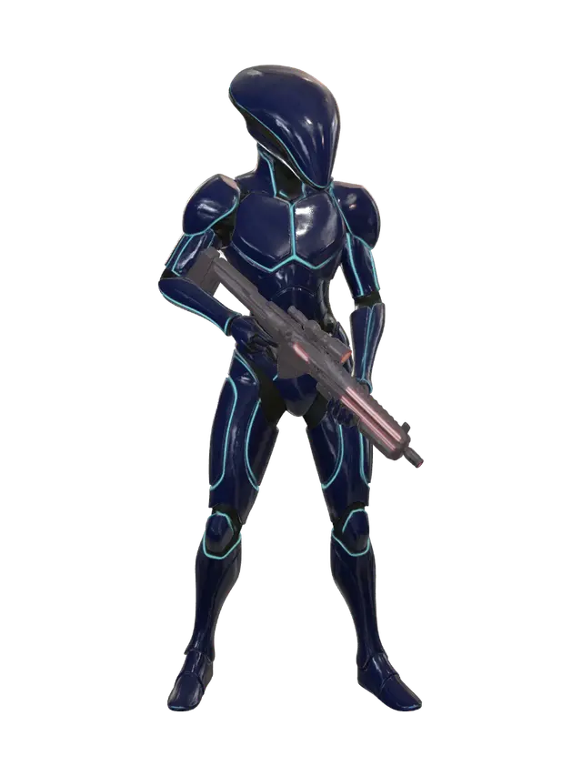 3D model for sleek alien bounty hunter standing in a neon alley, covered in deep blue ceramic armor plates and holding a thermal plasma rifle.
