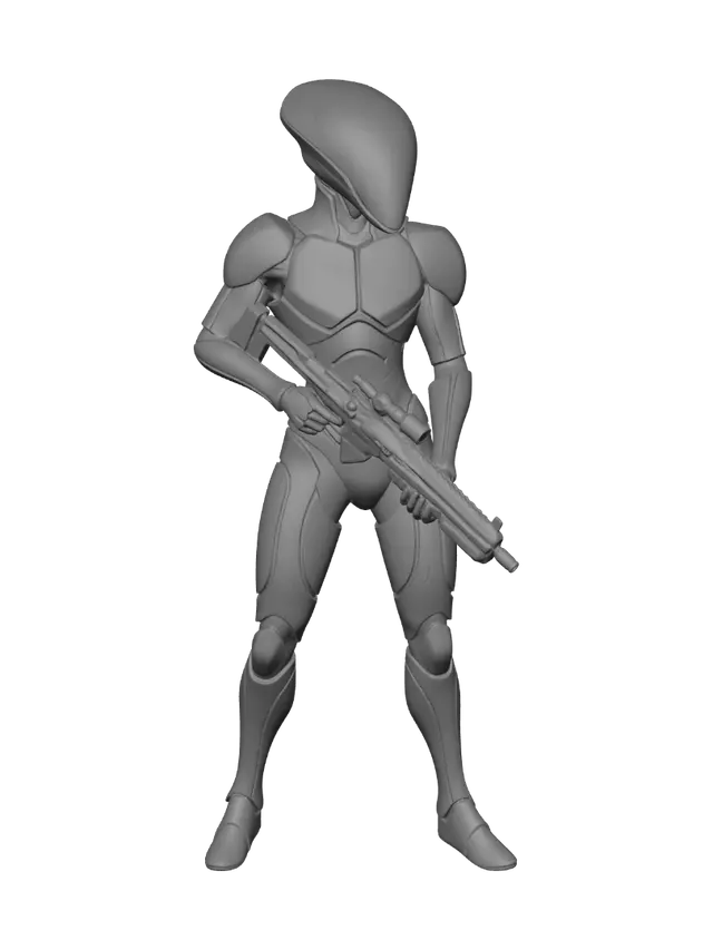 3D model for sleek alien bounty hunter standing in a neon alley, covered in deep blue ceramic armor plates and holding a thermal plasma rifle.