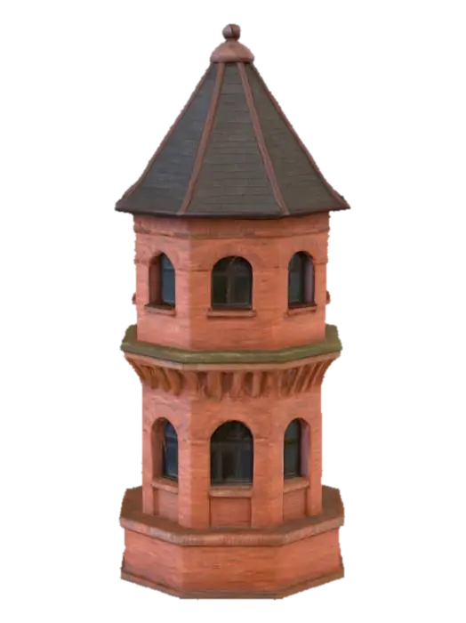 Ein historisch anmutender Wasserturm aus rotem Backstein mit einem achteckigen… - Roof 3D model, vytvořený pomocí AI