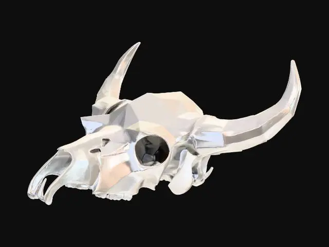 3D model for Bison skull, low poly geometric style, sharp faceted edges, minimalist western decor, white bone texture
