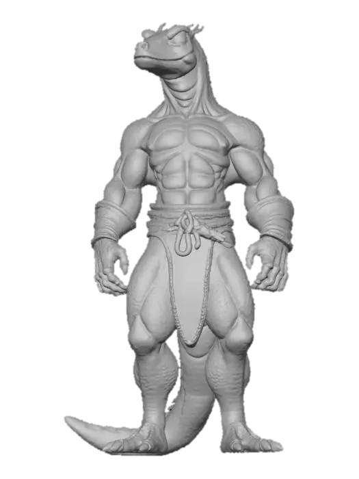3D model for A blue lizardman warrior, he is tall, muscular and unarmed and is wearing light leather armor. He has bleu scales and a yellow belly.