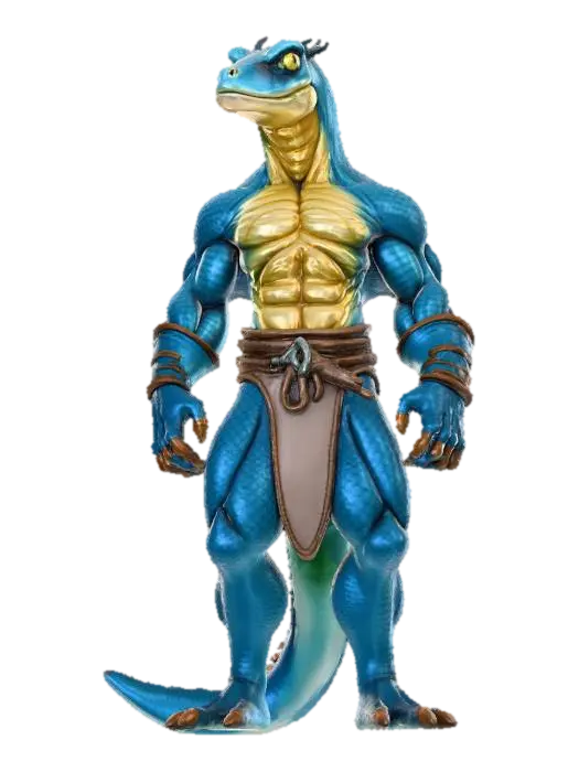 3D model for A blue lizardman warrior, he is tall, muscular and unarmed and is wearing light leather armor. He has bleu scales and a yellow belly.