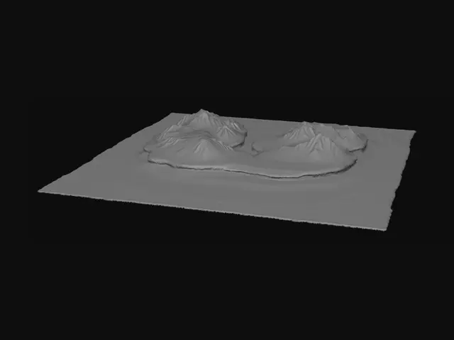 3D model for Auf der linken Seite eine Küste mit Strand und leichten Wellen. in der Mitte eine hügelige Landschaft mit Gras bewachsen. Rechts schneebedeckte Berge. 
Aus den Bergen fließt ein Fluss zur Küste