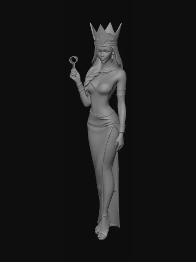 3D model for Ägyptische frau in einem engen kleid, mit einem fünfzackigem Stern auf dem Kopf und einem Ankh in der rechten Hand.