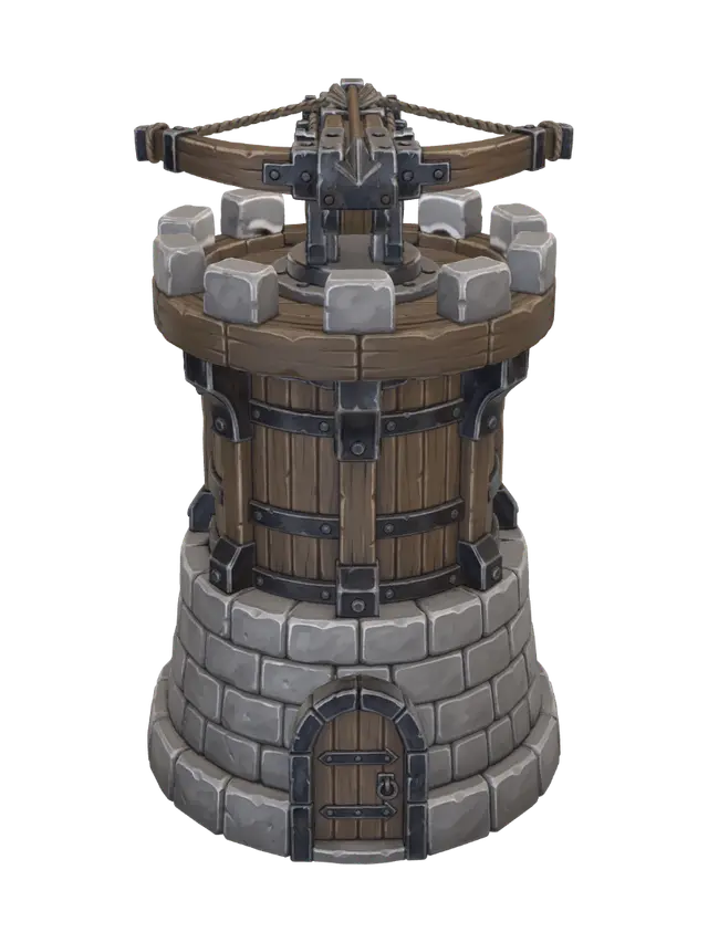 3D model for Create a stylized medieval fantasy tower-defense ballista tower as a game-ready 3D asset.

The tower has a wide circular stone foundation made of chunky grey masonry blocks, slightly tapered toward the top. Above the stone base is a cylindrical reinforced wooden watchtower structure with vertical wooden beams, dark iron brackets, bolts and metal reinforcement bands.

At the top, create a circular wooden defensive platform surrounded by short stone crenellations. In the center of the platform, mount a large rotating medieval ballista/crossbow turret. The ballista should have thick curved wooden arms, heavy dark metal reinforcement, visible rope/string mechanism, a large central bolt, and a strong mechanical rotating base.

Add a small arched wooden entrance door with iron framing at the bot