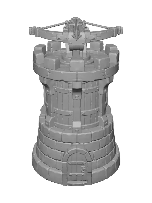 3D model for Create a stylized medieval fantasy tower-defense ballista tower as a game-ready 3D asset.

The tower has a wide circular stone foundation made of chunky grey masonry blocks, slightly tapered toward the top. Above the stone base is a cylindrical reinforced wooden watchtower structure with vertical wooden beams, dark iron brackets, bolts and metal reinforcement bands.

At the top, create a circular wooden defensive platform surrounded by short stone crenellations. In the center of the platform, mount a large rotating medieval ballista/crossbow turret. The ballista should have thick curved wooden arms, heavy dark metal reinforcement, visible rope/string mechanism, a large central bolt, and a strong mechanical rotating base.

Add a small arched wooden entrance door with iron framing at the bot