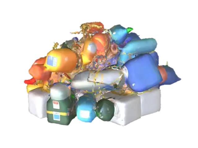 A low-poly floating trash bundle composed of plastic bottles, old fishing nets, and foam…-3D-modell, genererad av AI