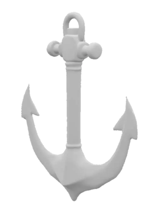 3D model for A large low-poly anchor made of dark, rusted metal, approximately 2 to 3 meters in size. It rapidly drops from above the water surface, creating bubbles and a splash effect. The anchor appears heavy and impactful. After landing, it remains fixed on the sea floor. Designed to signal the arrival of a massive ship in a 3D mobile game environment.