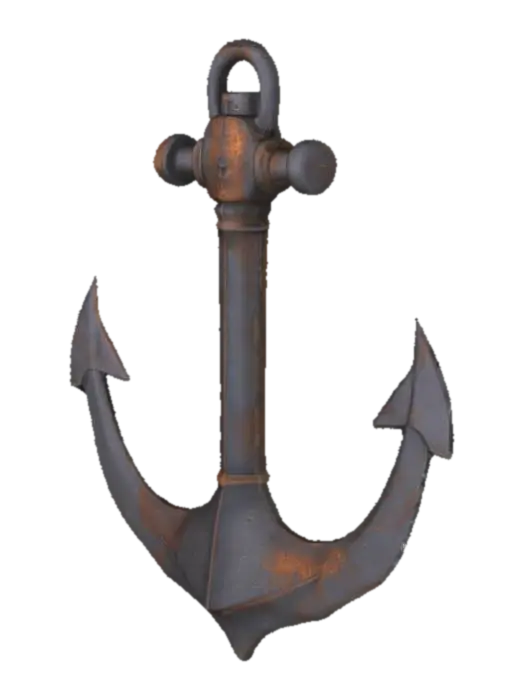 3D model for A large low-poly anchor made of dark, rusted metal, approximately 2 to 3 meters in size. It rapidly drops from above the water surface, creating bubbles and a splash effect. The anchor appears heavy and impactful. After landing, it remains fixed on the sea floor. Designed to signal the arrival of a massive ship in a 3D mobile game environment.