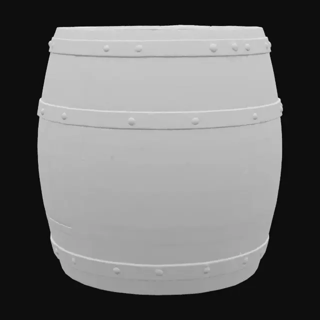 3D model for Realistic 3D model of a wooden barrel floating on the ocean. The barrel is weathered and wet, with visible wood grain texture and metal bands. It is partially submerged in gentle ocean waves under a clear sky with sunlight reflections on water. High detail, PBR texture, suitable for game or animation environment.