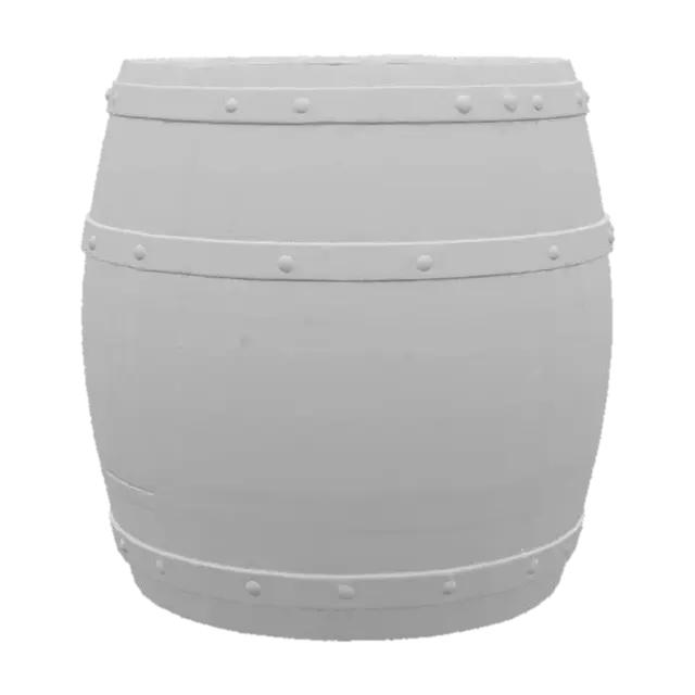 3D model for Realistic 3D model of a wooden barrel floating on the ocean. The barrel is weathered and wet, with visible wood grain texture and metal bands. It is partially submerged in gentle ocean waves under a clear sky with sunlight reflections on water. High detail, PBR texture, suitable for game or animation environment.