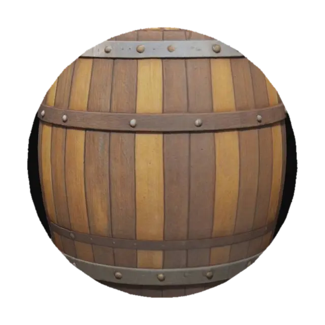 3D model for Realistic 3D model of a wooden barrel floating on the ocean. The barrel is weathered and wet, with visible wood grain texture and metal bands. It is partially submerged in gentle ocean waves under a clear sky with sunlight reflections on water. High detail, PBR texture, suitable for game or animation environment.